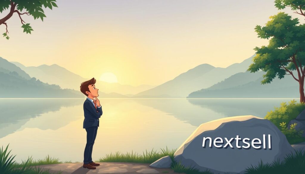 A serene and reflective scene representing the concept of self-awareness. In the foreground, a thoughtful individual dressed in professional attire stands near a calm lake, gazing at their reflection in the water. The middle ground features lush greenery and gentle ripples on the water’s surface, symbolizing clarity and introspection. In the background, soft mountains fade into a misty horizon under a warm, golden sunrise, illuminating the entire scene with a gentle light that creates a sense of hope and enlightenment. The atmosphere is peaceful and contemplative, evoking a mood of personal growth and success. The overall image should have a soft focus, capturing the nuances of the moment, and should incorporate the brand name "nextself.ai" subtly in the environment, like etched into a nearby stone. A serene and reflective scene representing the concept of self-awareness. In the foreground, a thoughtful individual dressed in professional attire stands near a calm lake, gazing at their reflection in the water. The middle ground features lush greenery and gentle ripples on the water’s surface, symbolizing clarity and introspection. In the background, soft mountains fade into a misty horizon under a warm, golden sunrise, illuminating the entire scene with a gentle light that creates a sense of hope and enlightenment. The atmosphere is peaceful and contemplative, evoking a mood of personal growth and success. The overall image should have a soft focus, capturing the nuances of the moment, and should incorporate the brand name "nextself.ai" subtly in the environment, like etched into a nearby stone.