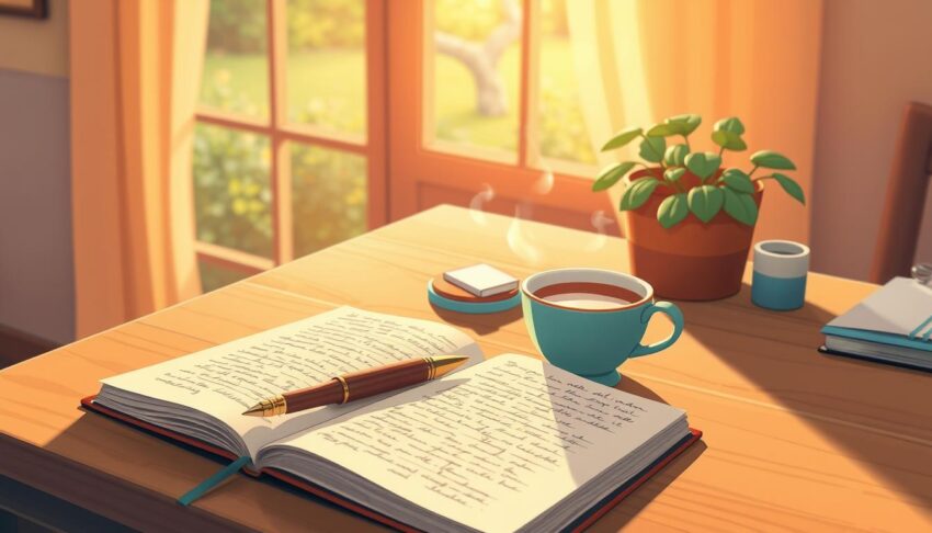A sunlit wooden desk with an open notebook, a pen, herbal tea, and a small plant, evoking calm reflection.